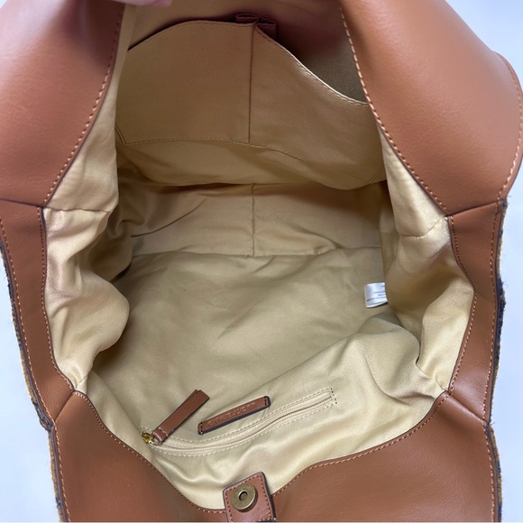 Lucky Brand Purse Brown Tan Blue Plaid Wool Blend Shoulder Bag Tote Front Pocket - Picture 9 of 14